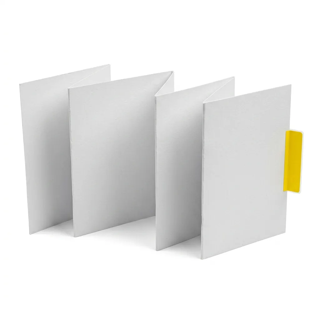 Blank accordion-fold pocket reference card with a yellow edge tab