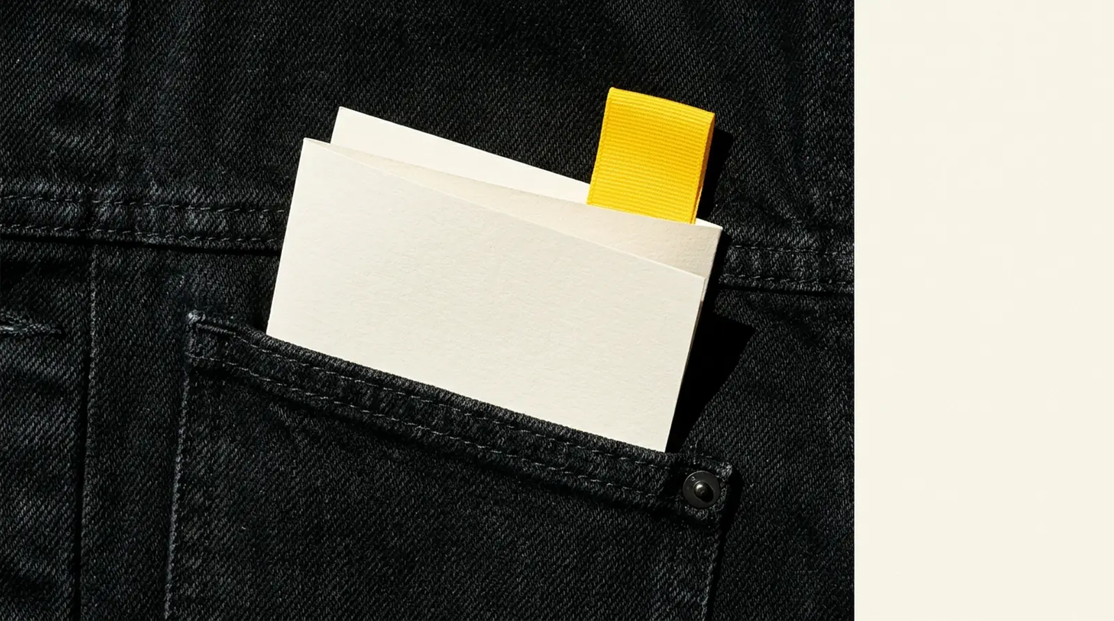 Blank pocket card with a yellow tab tucked into dark denim
